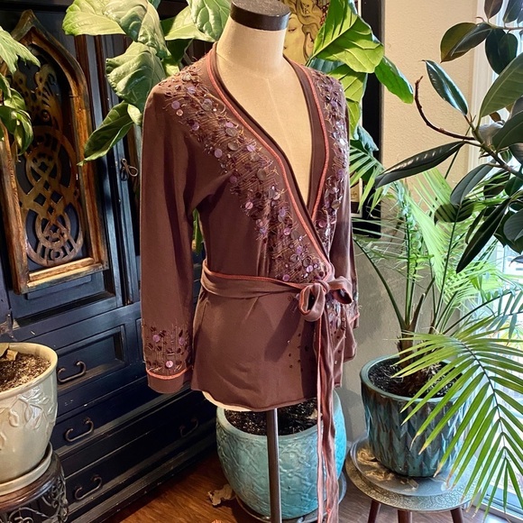 Anthropologie chocolate embellished wrap top - Picture 3 of 14